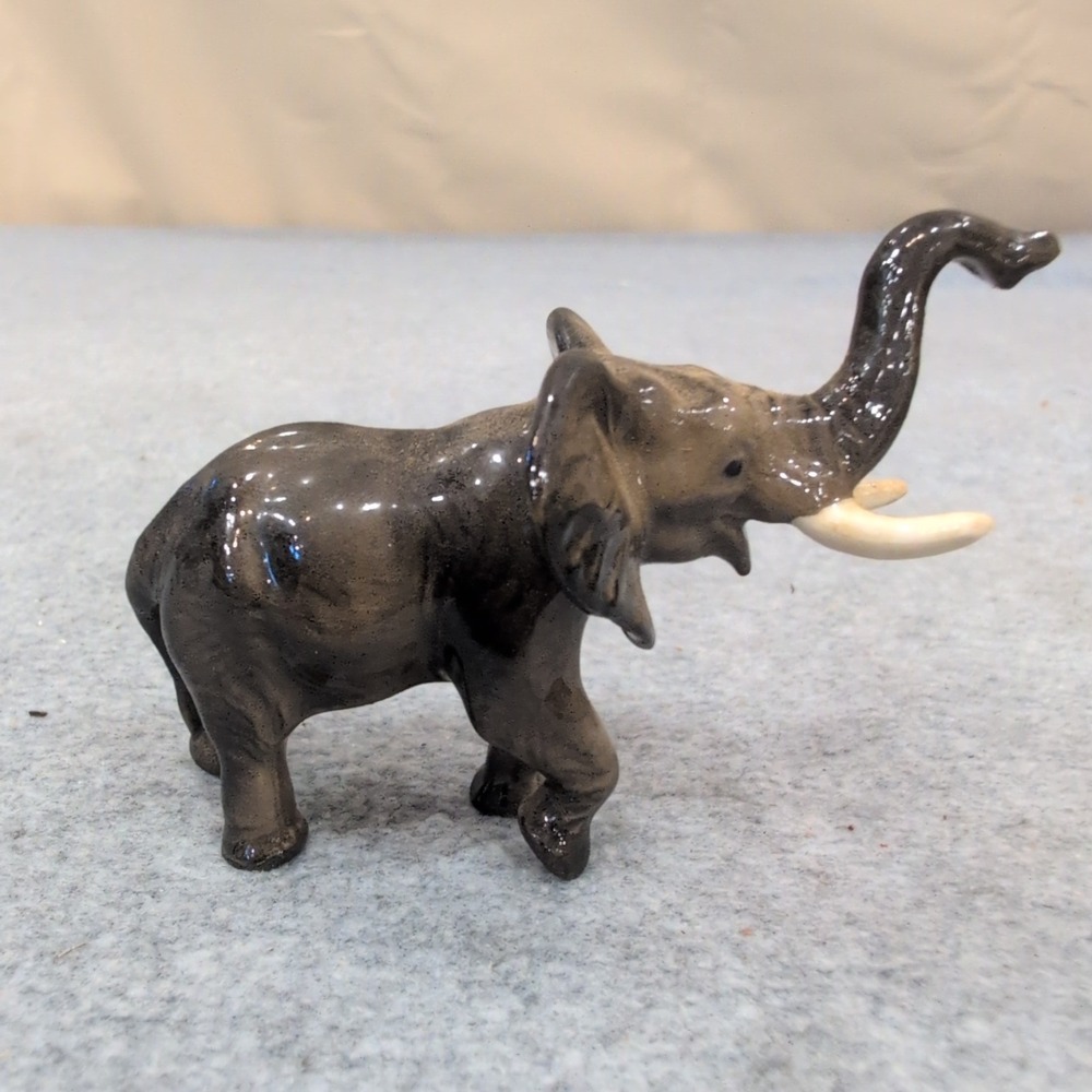 Ceramic Elephant Figurine Ivory Tusks Raised Trunk Animal Decor - Picture 1 of 3